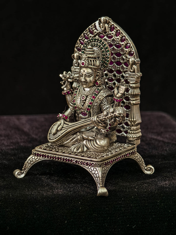 Pure 92.5 Saraswati 3D Idol with Stone accents Accents, Intricate Throne and Detailed Arch