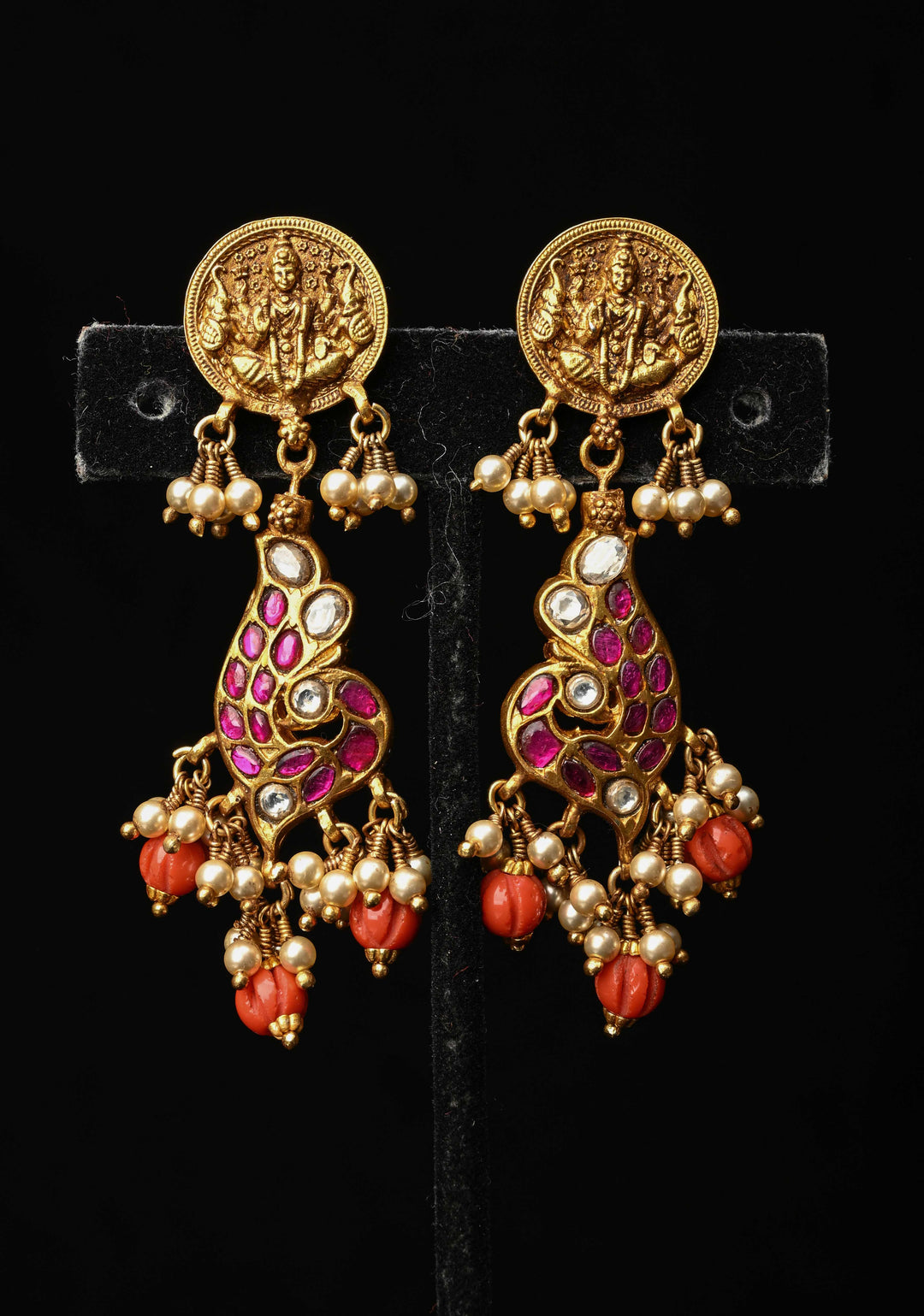 2 in 1 92.5  Silver Antique 24 Ct Gold Plated Reversible Kundan Earrings with Lakshmi, Peacock Design