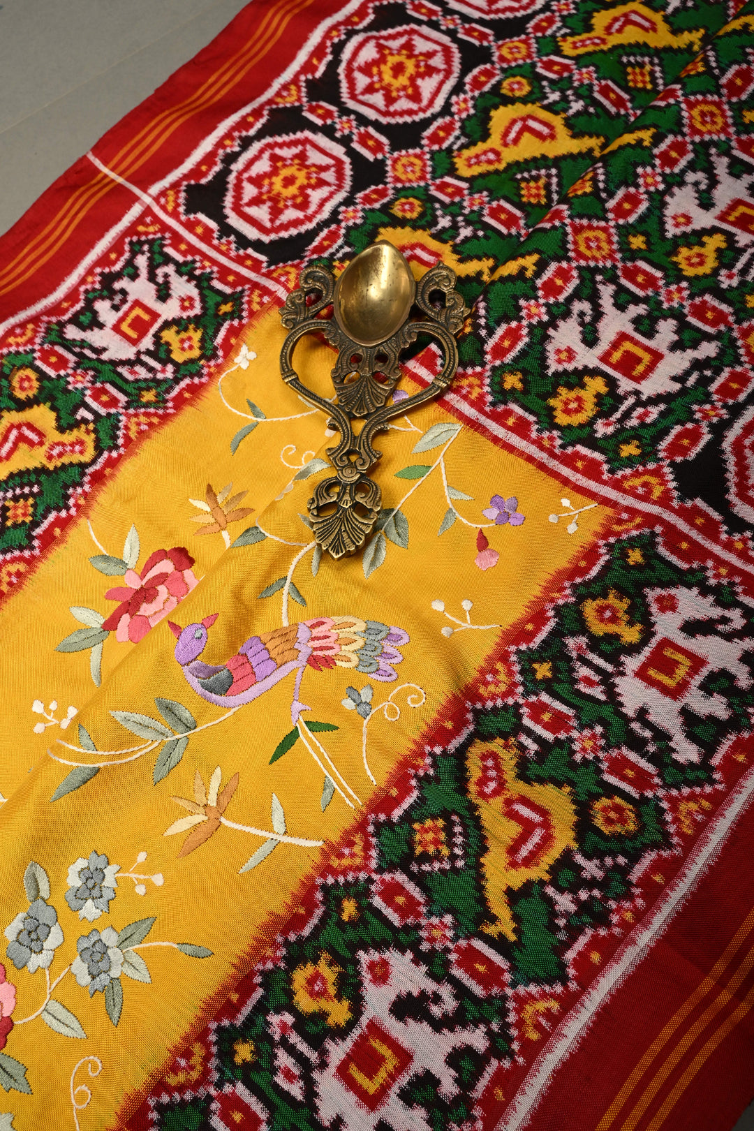 Yellow  Jugalbandi Authentic Patan Patola Double Ikkat Pure Silk Saree With Parsi Gara Hand Embroidery Floral Jaal Birds and Pallu on Both Sides | SILK MARK CERTIFIED | SHOBITAM