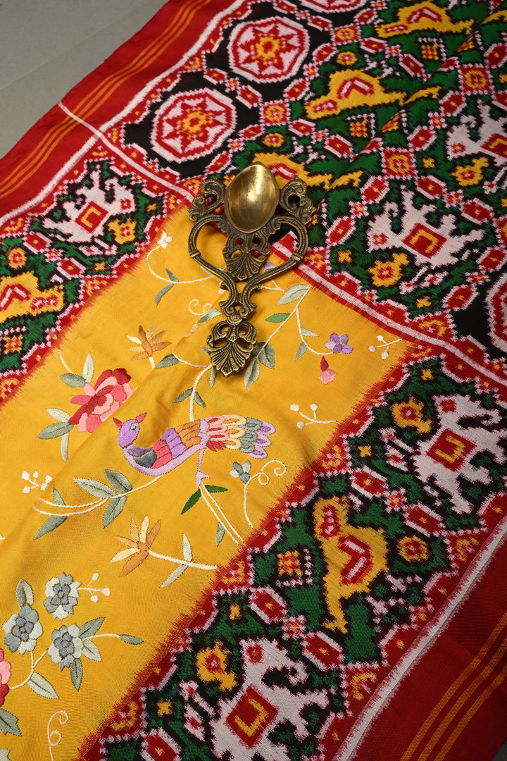 Yellow  Jugalbandi Authentic Patan Patola Double Ikkat Pure Silk Saree With Parsi Gara Hand Embroidery Floral Jaal Birds and Pallu on Both Sides | SILK MARK CERTIFIED | SHOBITAM