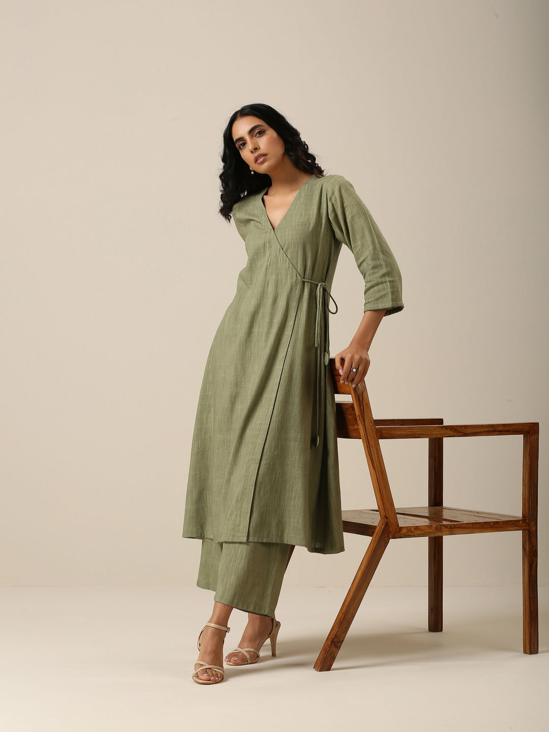 Sage Slub Texture Angrakha Pant Set | SHOBITAM
