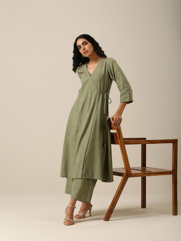 Sage Slub Texture Angrakha Pant Set | SHOBITAM