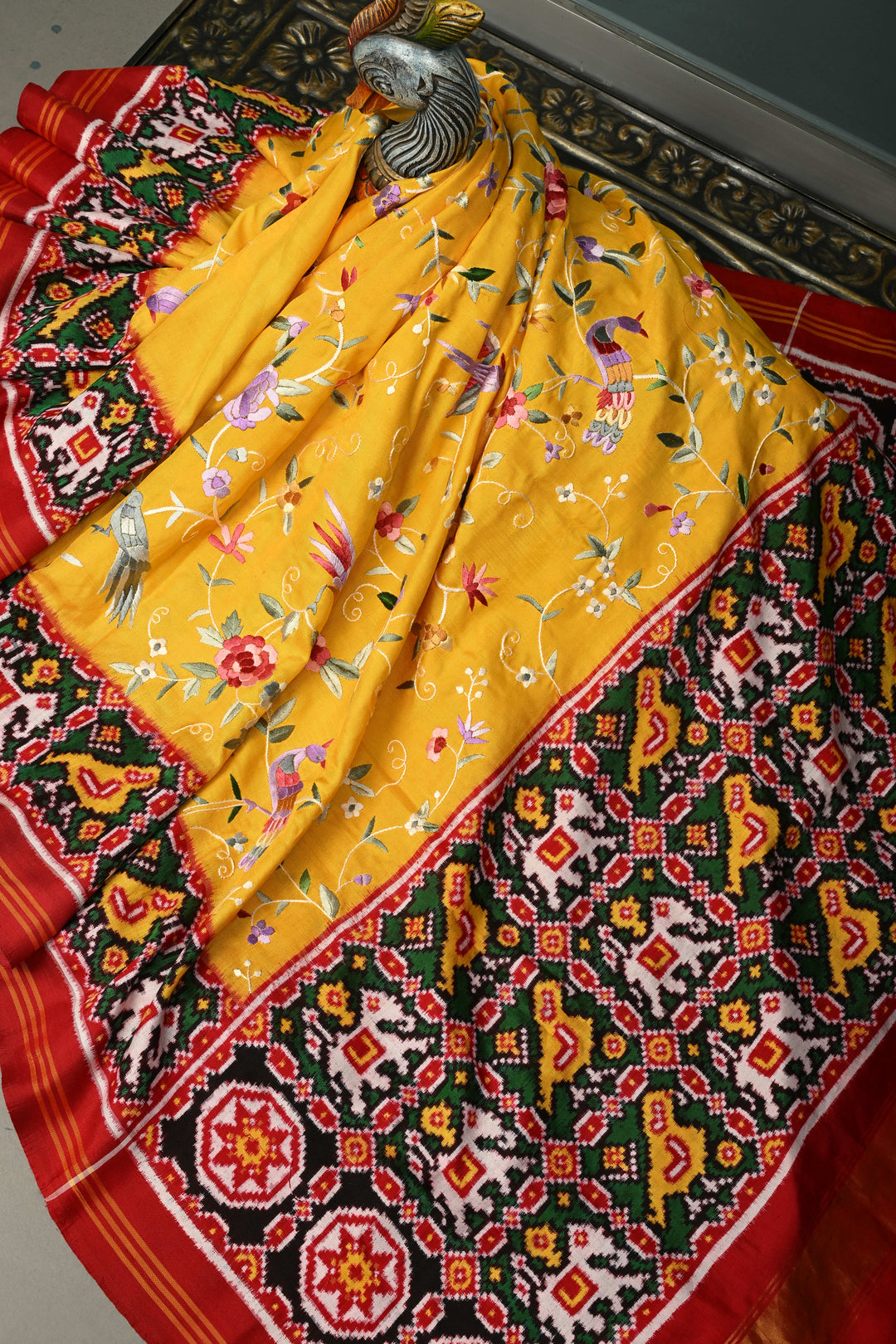 Yellow  Jugalbandi Authentic Patan Patola Double Ikkat Pure Silk Saree With Parsi Gara Hand Embroidery Floral Jaal Birds and Pallu on Both Sides | SILK MARK CERTIFIED | SHOBITAM