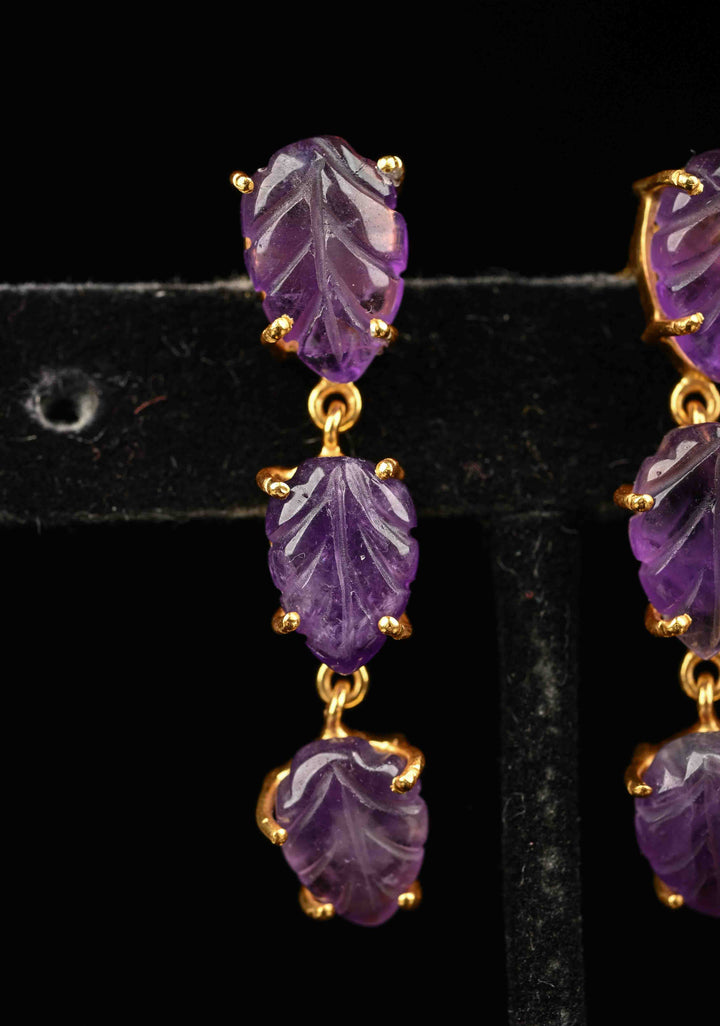 92.5 Pure Silver Amethyst Engraved 3 tier Earrings