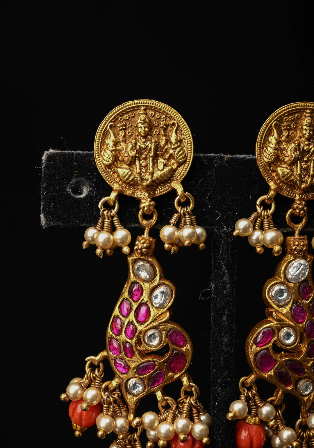 2 in 1 92.5  Silver Antique 24 Ct Gold Plated Reversible Kundan Earrings with Lakshmi, Peacock Design