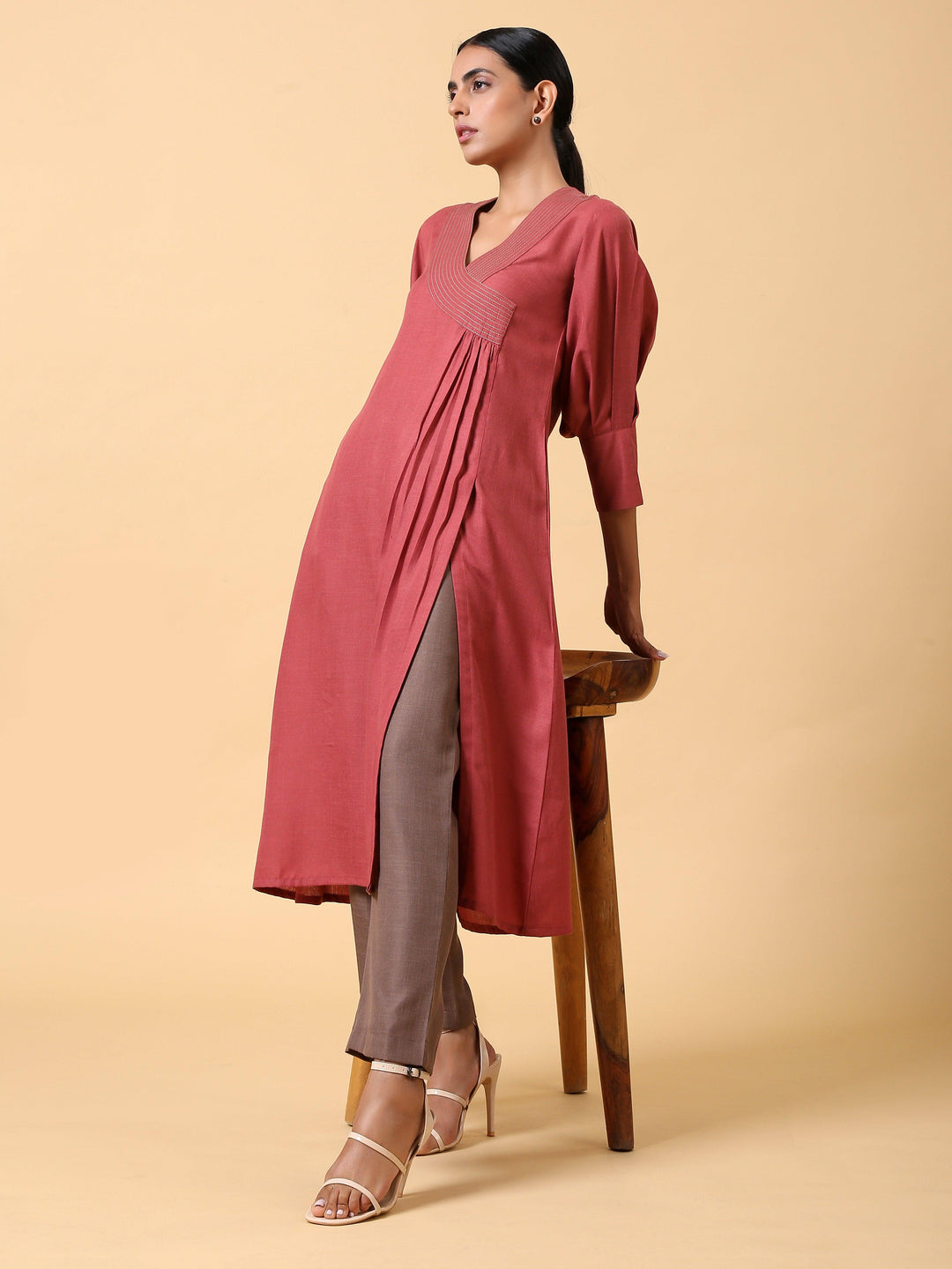 Cotton Linen Rust Red Kurta Pant Set | SHOBITAM
