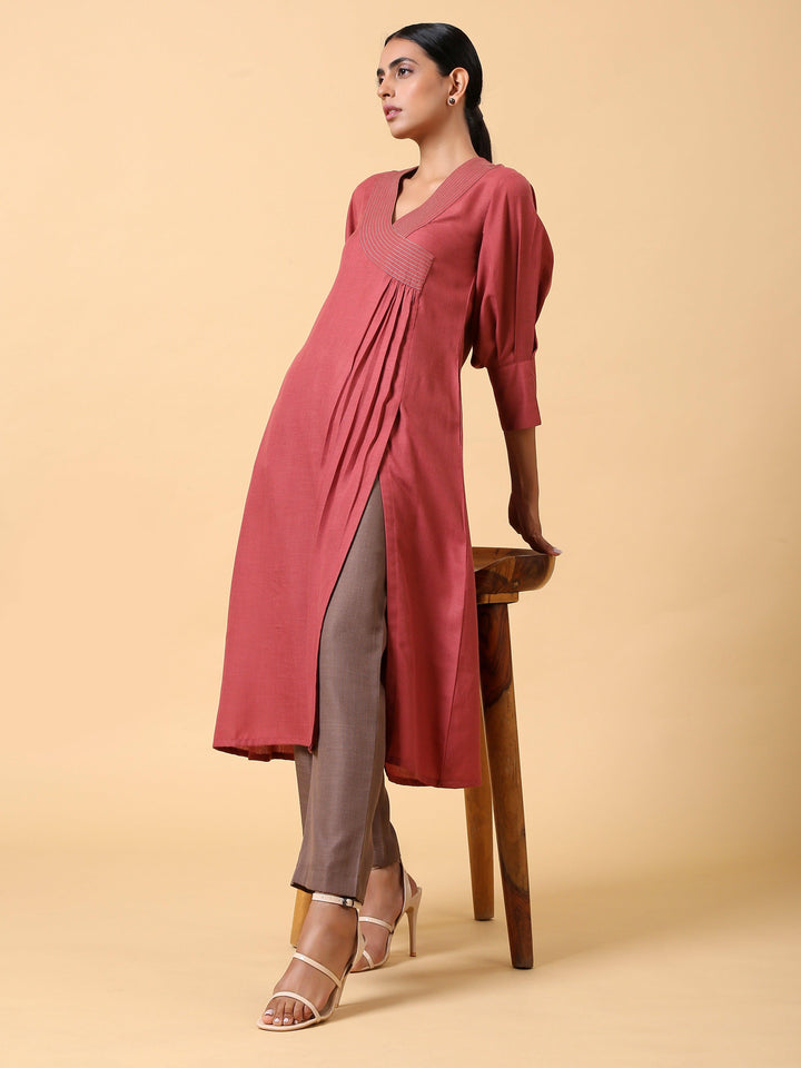 Cotton Linen Rust Red Kurta Pant Set | SHOBITAM