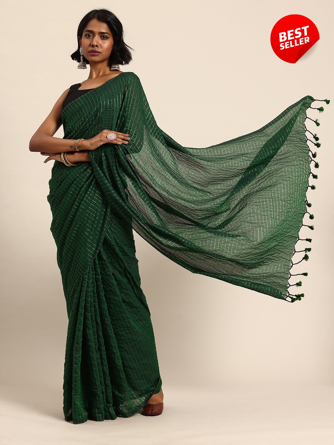 Green Pure Cotton Saree With Blouse Piece | SHOBITAM