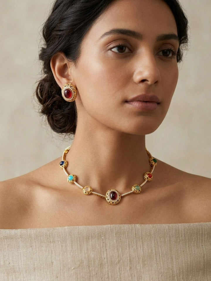 Navratna Stone Necklace Set with Earrings | SHOBITAM