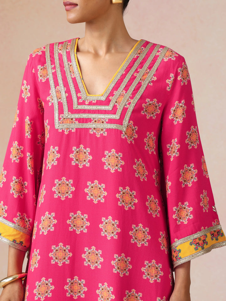 Pink Boota Print Viscose Straight Maxi Dress | SHOBITAM