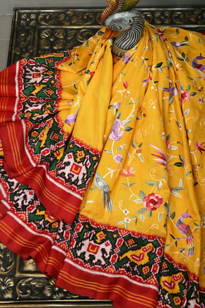 Yellow  Jugalbandi Authentic Patan Patola Double Ikkat Pure Silk Saree With Parsi Gara Hand Embroidery Floral Jaal Birds and Pallu on Both Sides | SILK MARK CERTIFIED | SHOBITAM