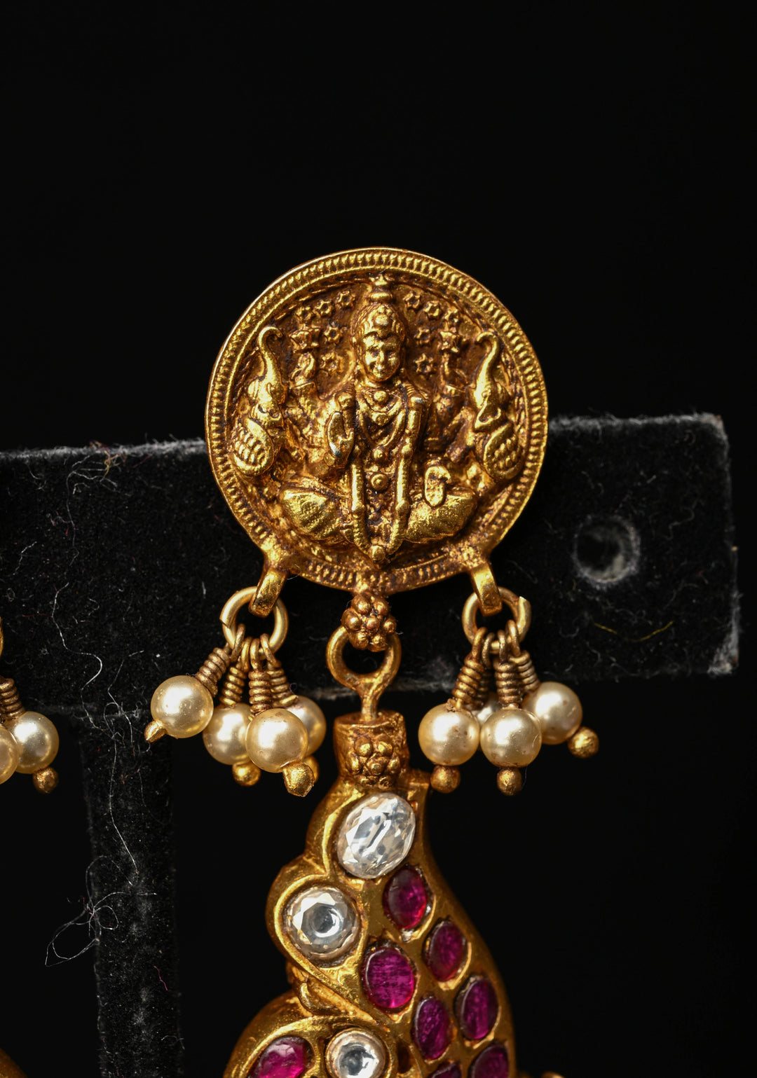 2 in 1 92.5  Silver Antique 24 Ct Gold Plated Reversible Kundan Earrings with Lakshmi, Peacock Design