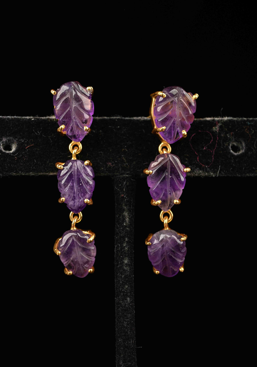 92.5 Pure Silver Amethyst Engraved 3 tier Earrings