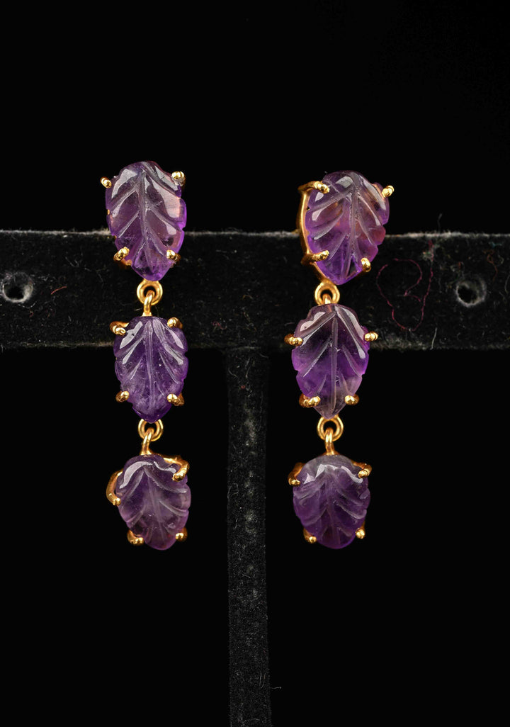 92.5 Pure Silver Amethyst Engraved 3 tier Earrings