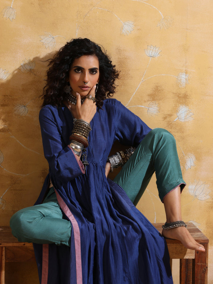 Blue Muslin Silk Anarkali Kurta Pant Set  | SHOBITAM