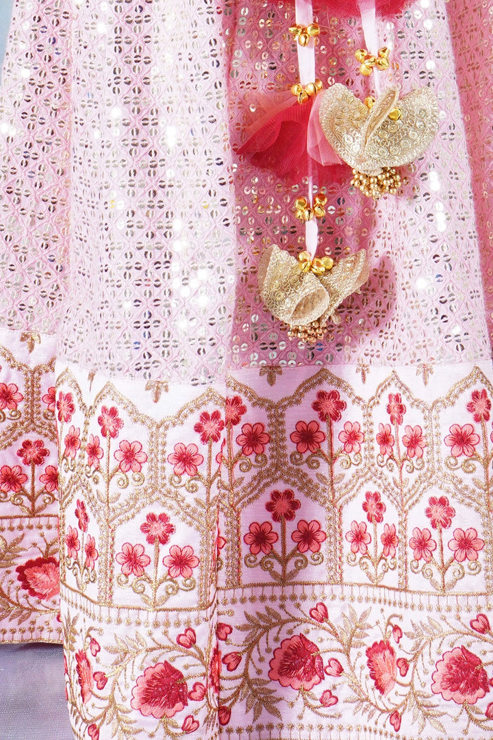 Girl Bageecha Floral Thread work Blouse with Mirror work Lehenga and Sequin moti work Dupatta, accompanied with Hand made tassel and Ghungroo work | SHOBITAM