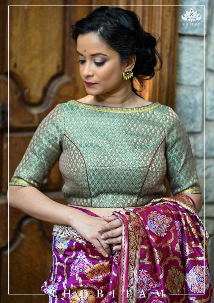 Teal Banarasi Meenakari Buti Brocade Blouse with tie back base