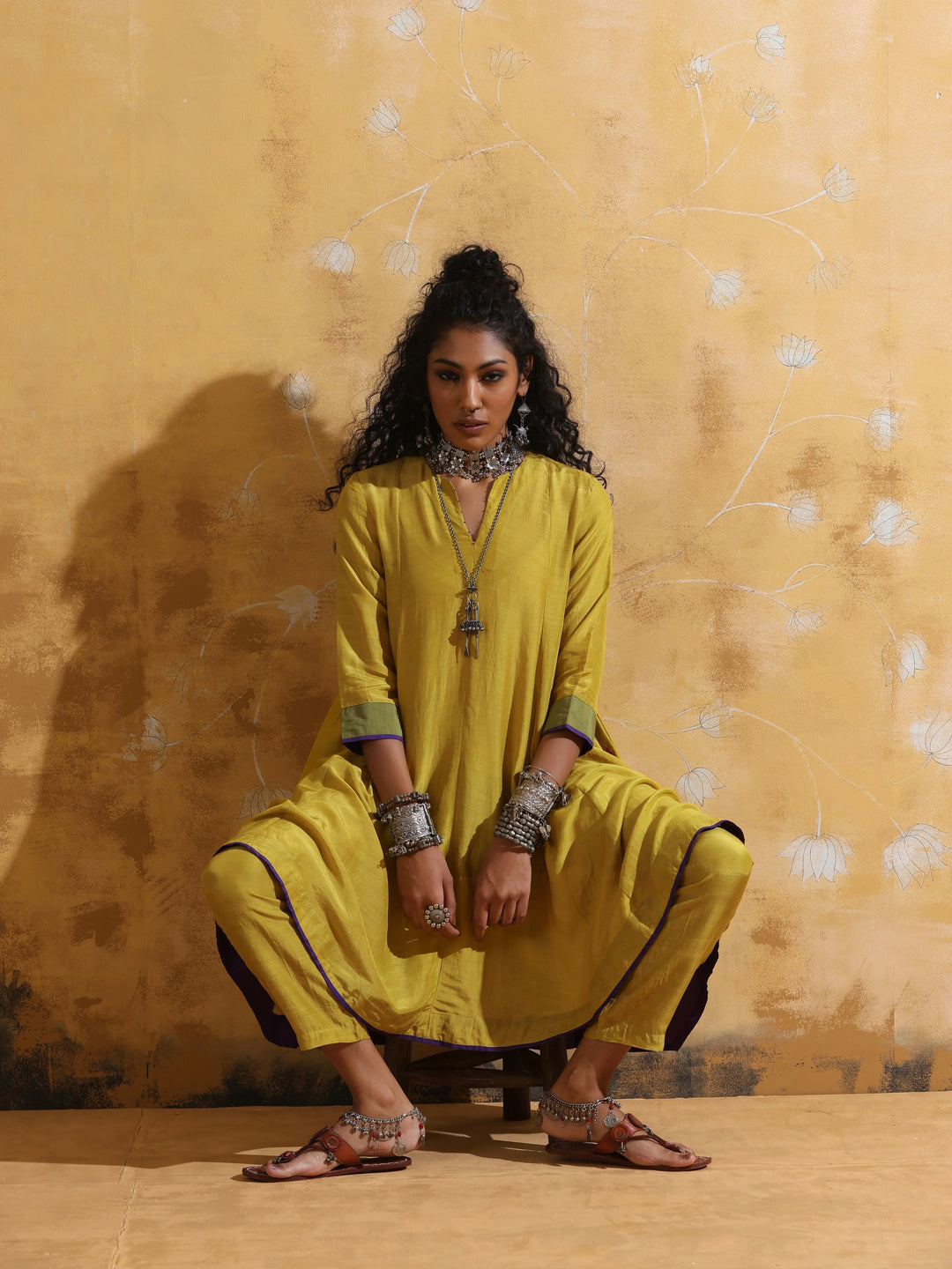 Lime Muslin Silk Flared Kurta Co-ord Set | SHOBITAM
