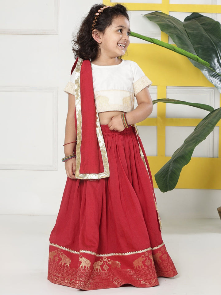 Red Elephant Zari Embroidery Chanderi Cotton Lehenga with Stitched Cream Blouse Set | SHOBITAM