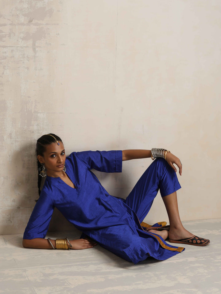 Blue Silk High Slit Kurta Set  | SHOBITAM