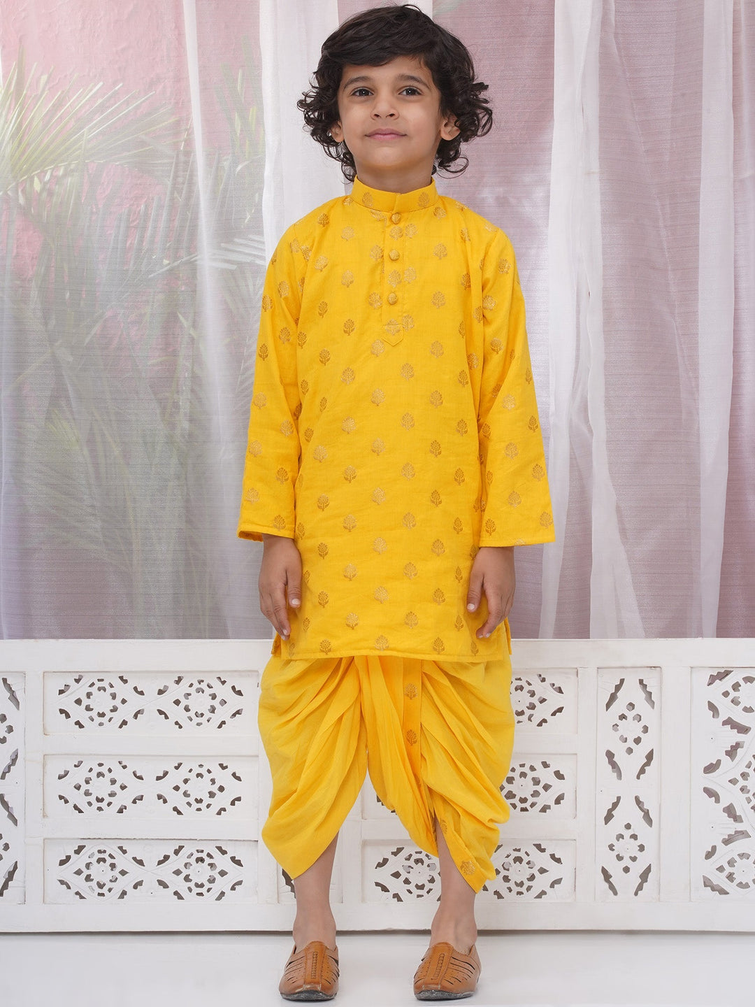 Boys Cotton Full Sleeves Kurta and Dhoti with Golden Floral Zari Work- Haldi Yellow | SHOBITAM