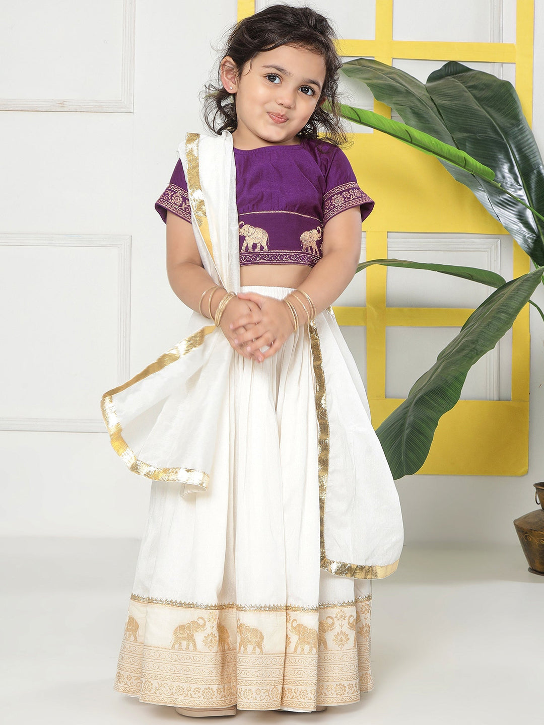 Cream Elephant Zari Embroidery Chanderi Cotton Lehenga with Stitched Purple blouse Set | SHOBITAM