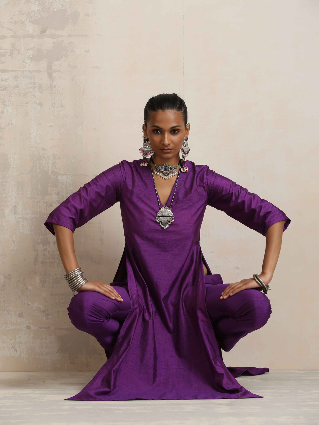 Purple Silk High Slit Kurta Set | SHOBITAM