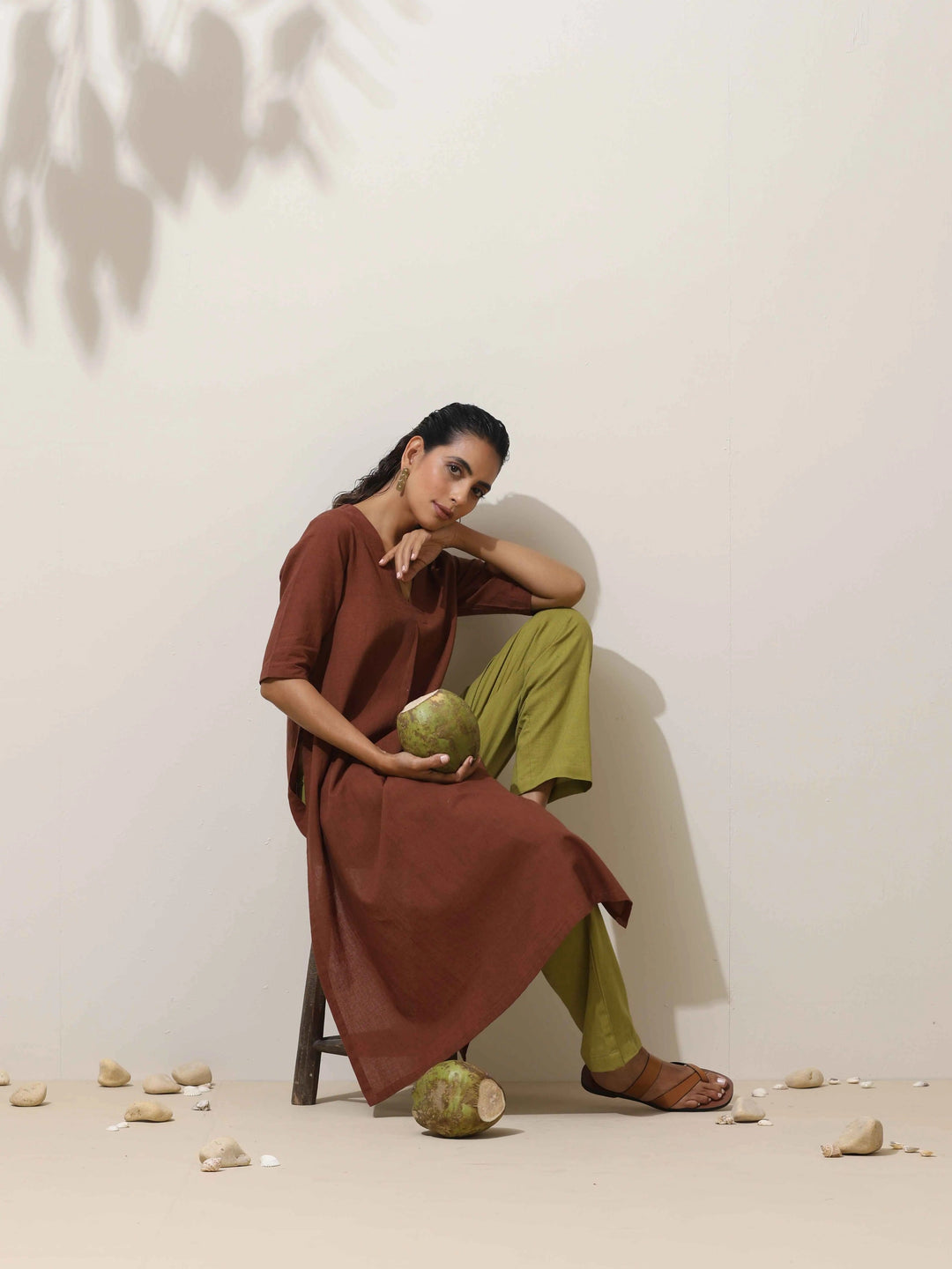 Brown Cotton Linen Kurta Pant Set | SHOBITAM