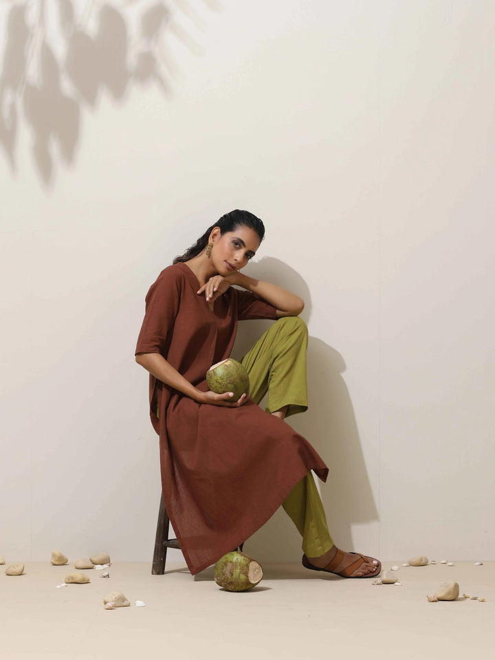 Brown Cotton Linen Kurta Pant Set | SHOBITAM