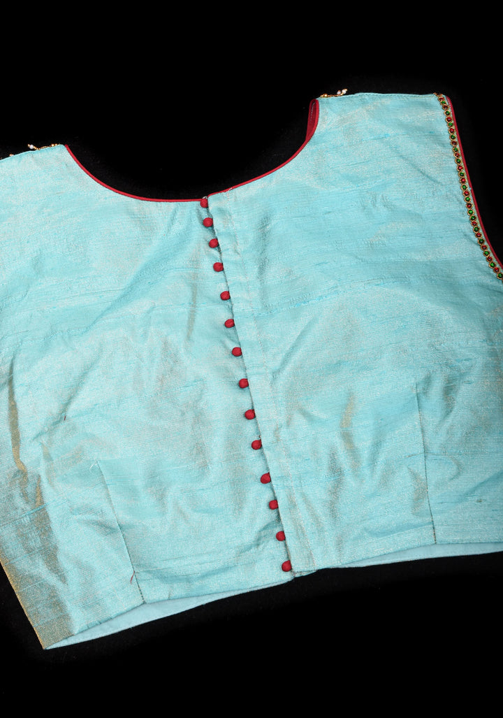 Mint Pure Raw Silk Blouse with Temple Jewelry Necklace Handwork detailing