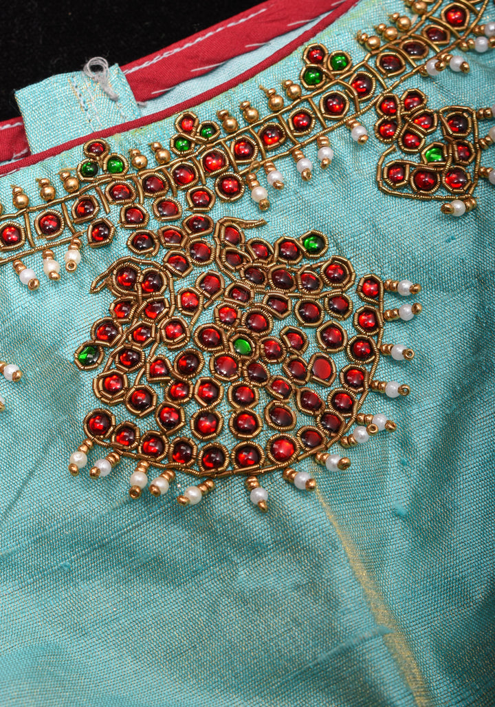 Mint Pure Raw Silk Blouse with Temple Jewelry Necklace Handwork detailing