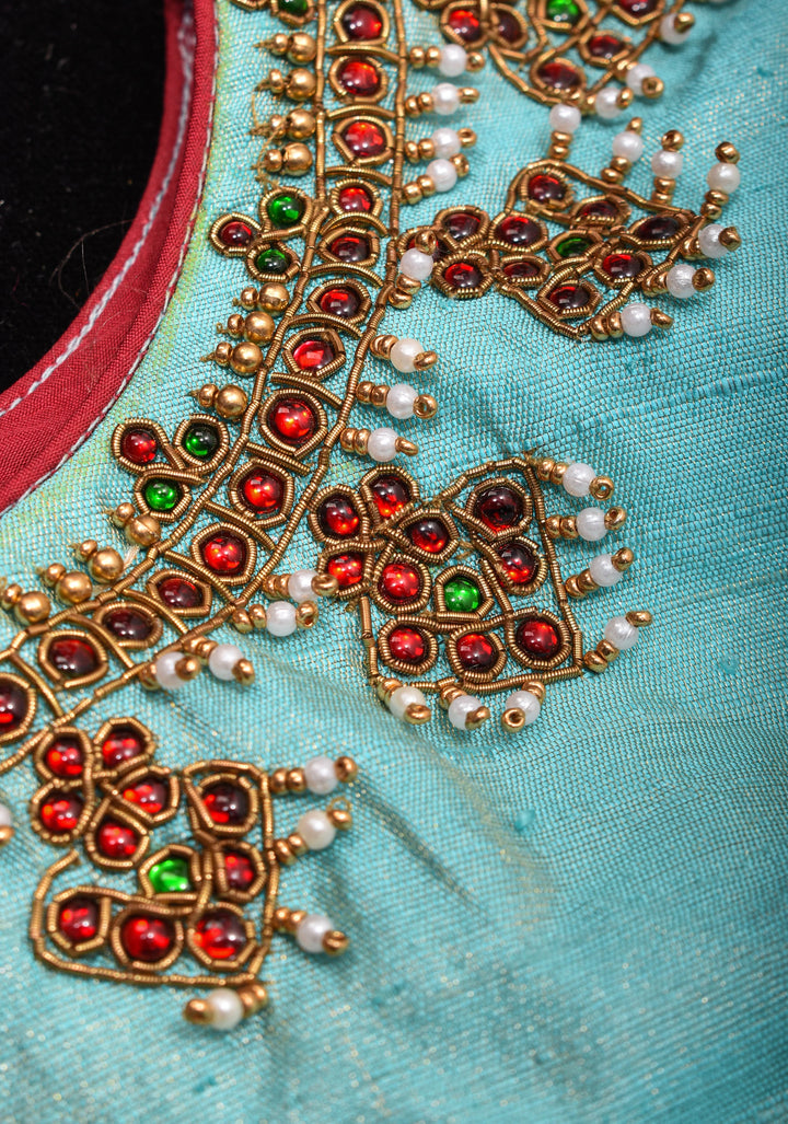 Mint Pure Raw Silk Blouse with Temple Jewelry Necklace Handwork detailing