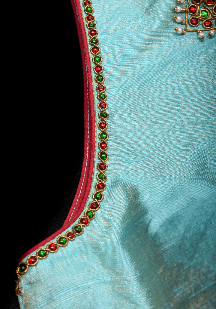 Mint Pure Raw Silk Blouse with Temple Jewelry Necklace Handwork detailing