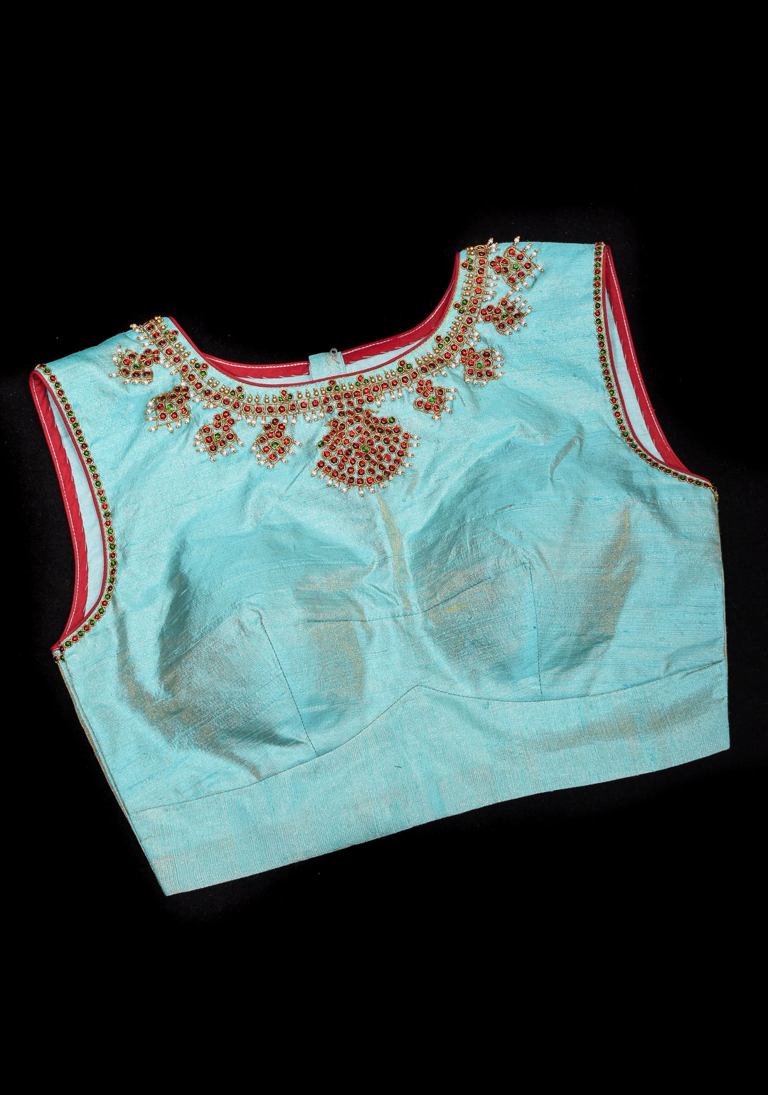 Mint Pure Raw Silk Blouse with Temple Jewelry Necklace Handwork detailing