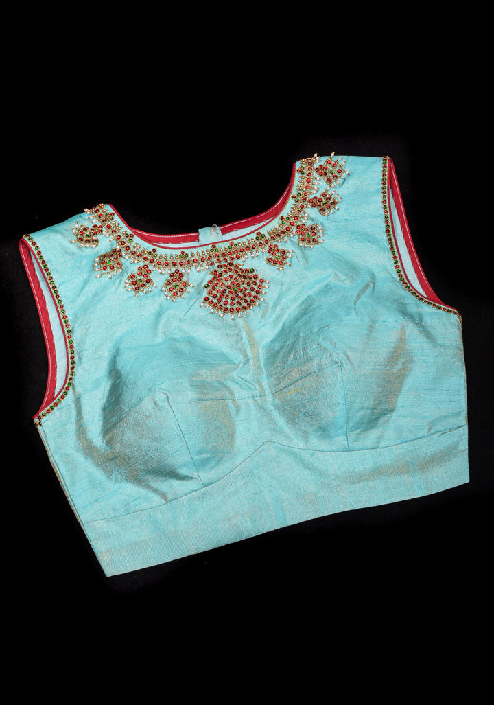 Mint Pure Raw Silk Blouse with Temple Jewelry Necklace Handwork detailing