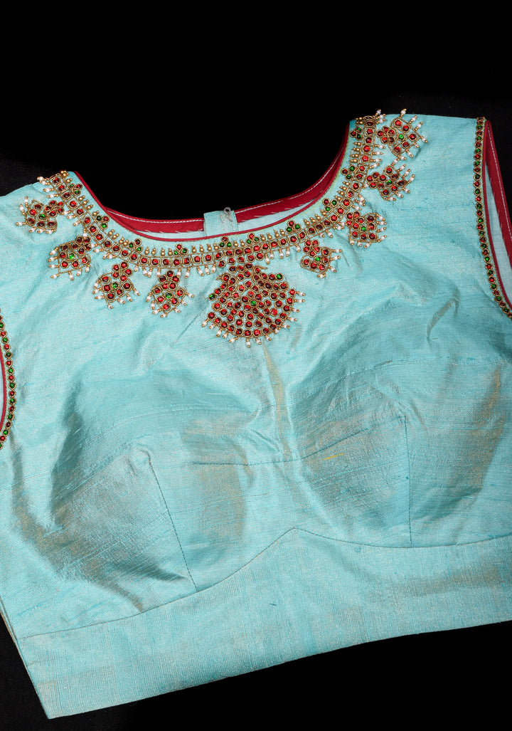 Mint Pure Raw Silk Blouse with Temple Jewelry Necklace Handwork detailing