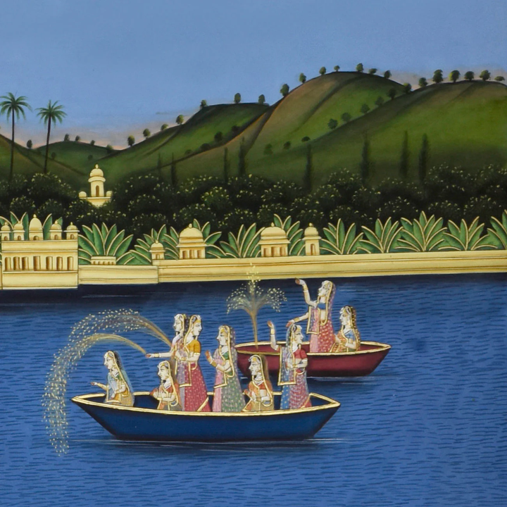 3.5 x 5 feet Radha Krishna Nauka Vihar Painting | SHOBITAM