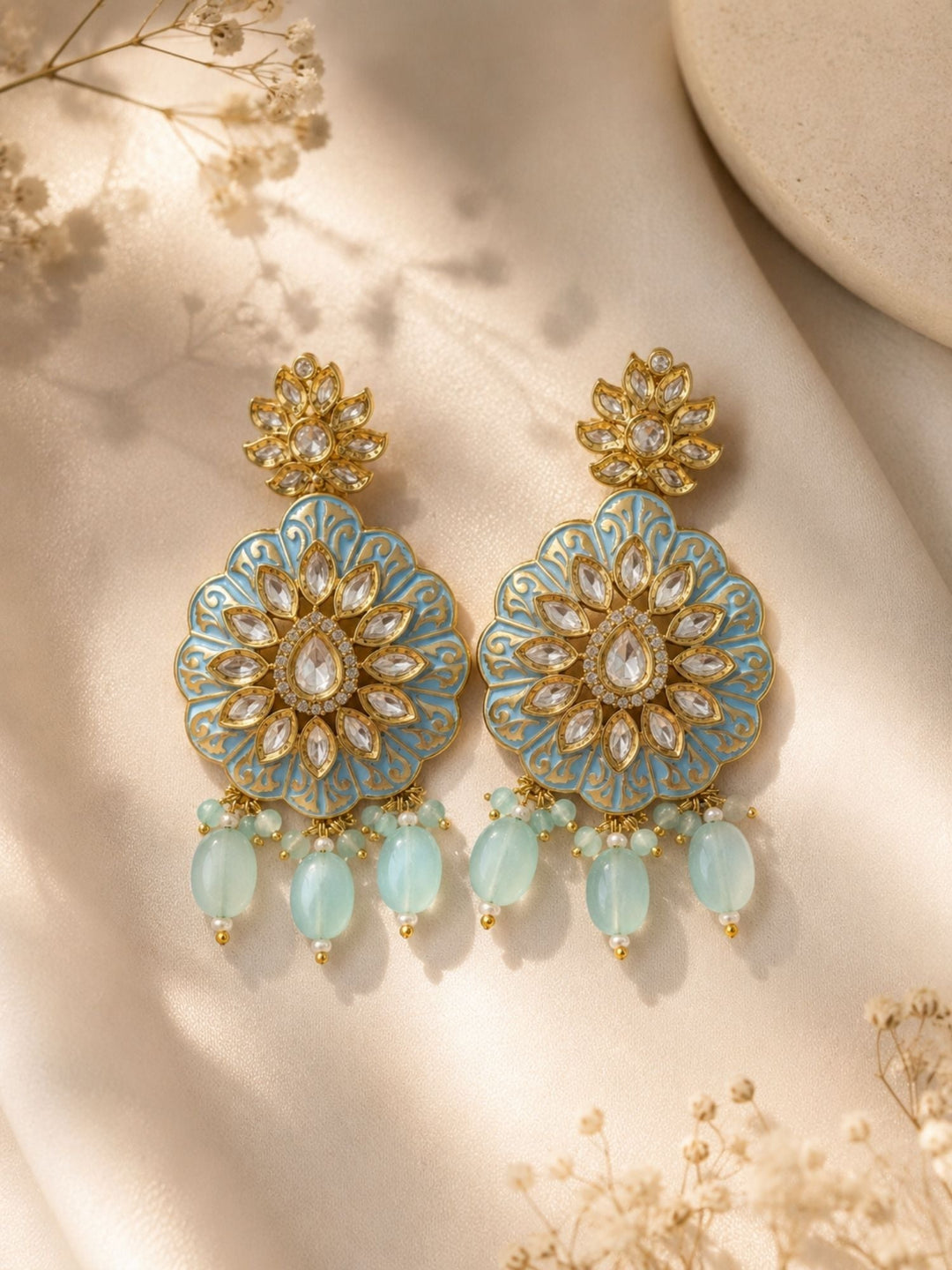 Sky Blue Kundan Statement Earrings in Gold Finish – Festive Wear | SHOBITAM