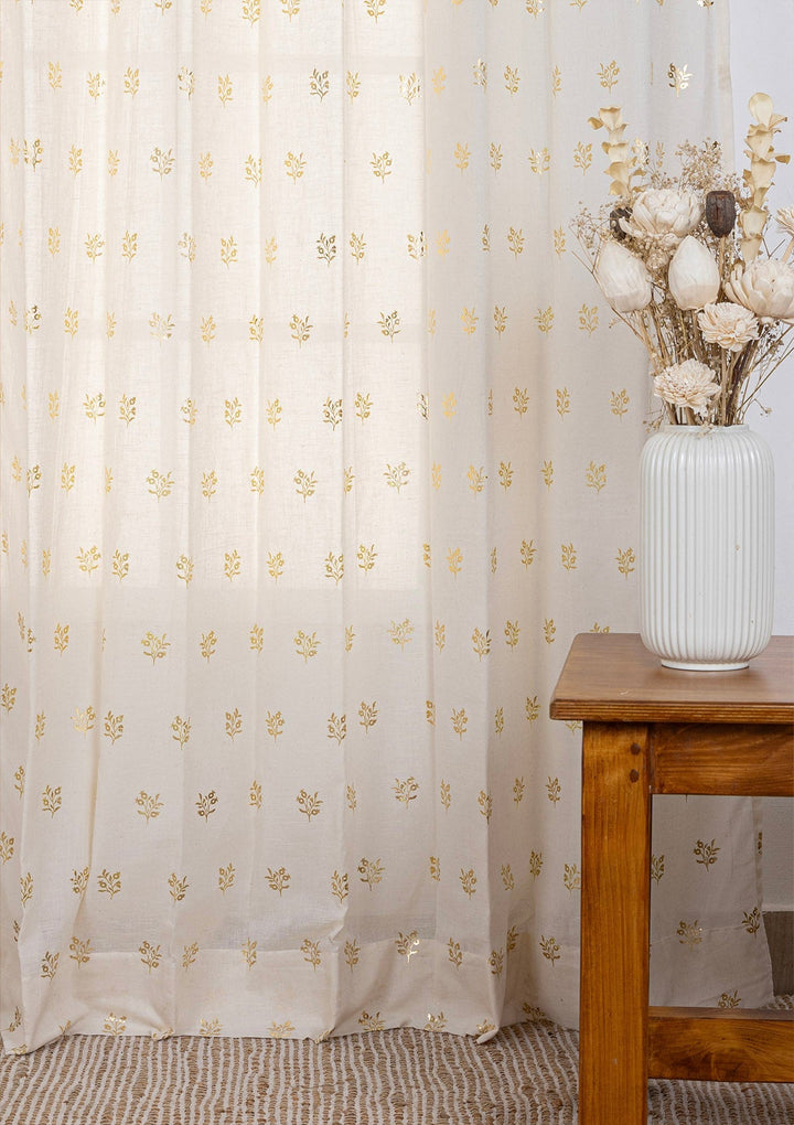 Induja 100% Cotton Sheer Gold Printed Curtain for living room & bedroom - Light Filtering - Beige - Single Piece  SHOBITAM