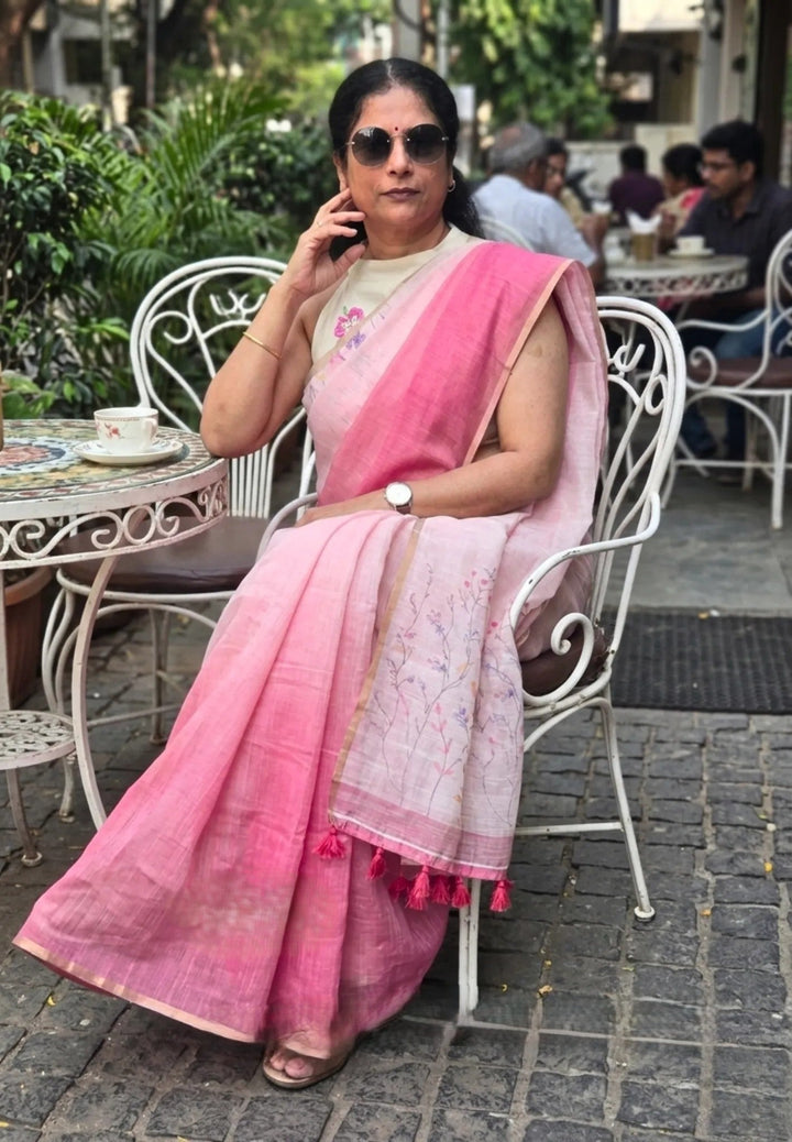 Preorder : Linen Cotton Saree with Gradient Ombre tone and Floral Digital Prints | SHOBITAM