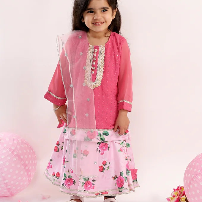 Girls Embroidery Kurta with Floral Pearl Button and Lehenga in Pink | SHOBITAM