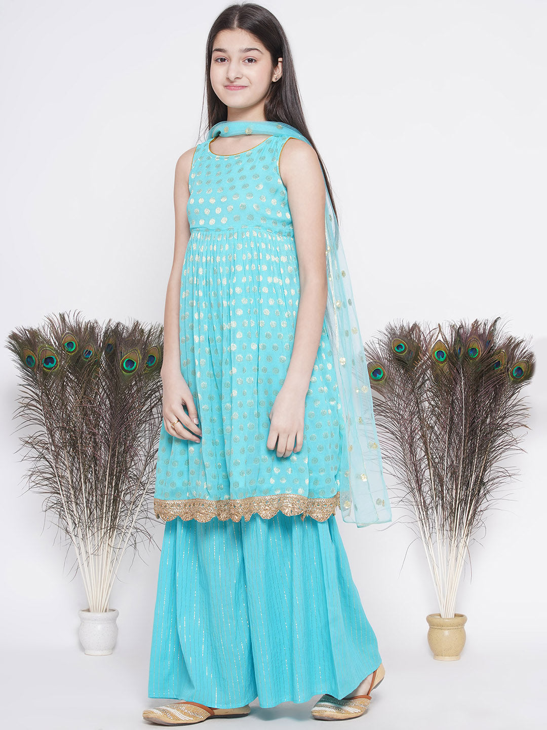 Banarsi Floral Frock Style Kurta with Golden Striped Sharara & Dupatta- Blue | SHOBITAM