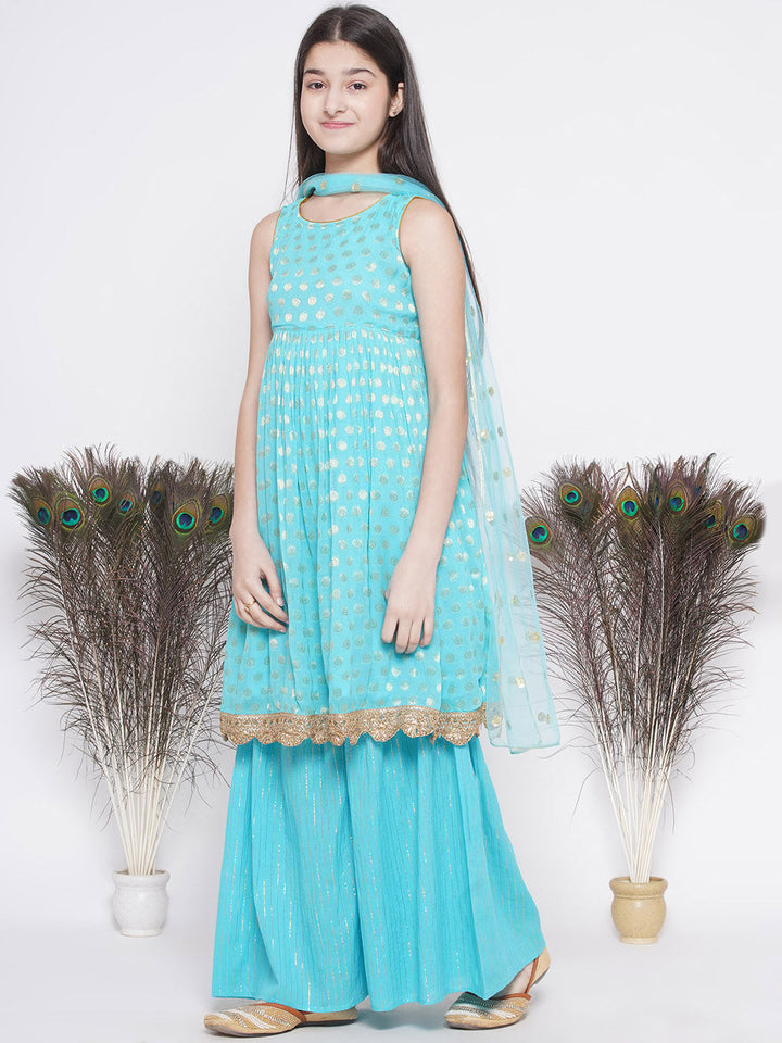 Banarsi Floral Frock Style Kurta with Golden Striped Sharara & Dupatta- Blue | SHOBITAM