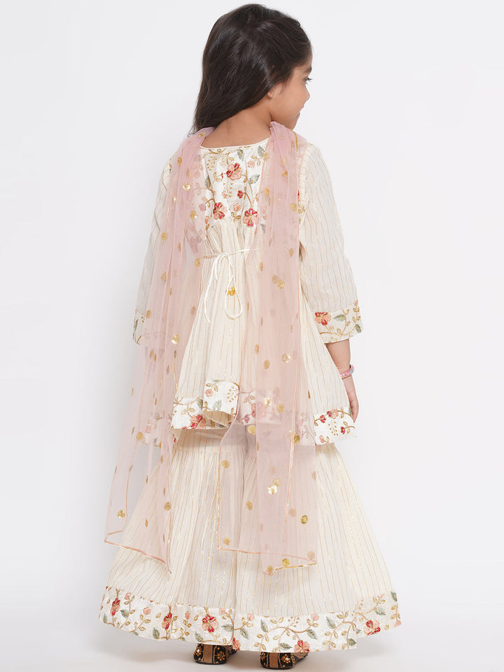 Floral Embroidery Jacket with Gold Strip Frock with Sharara & Dupatta - Cream | SHOBITAM