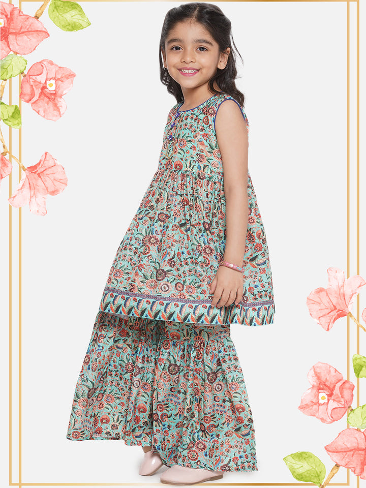Floral Kurta with Ghera wala Sharara and Dupatta - Green | SHOBITAM