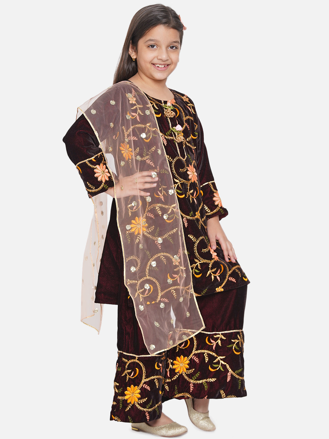 Girls Floral Embroidery Velvet Kurta Palazzo in Mahroon | SHOBITAM
