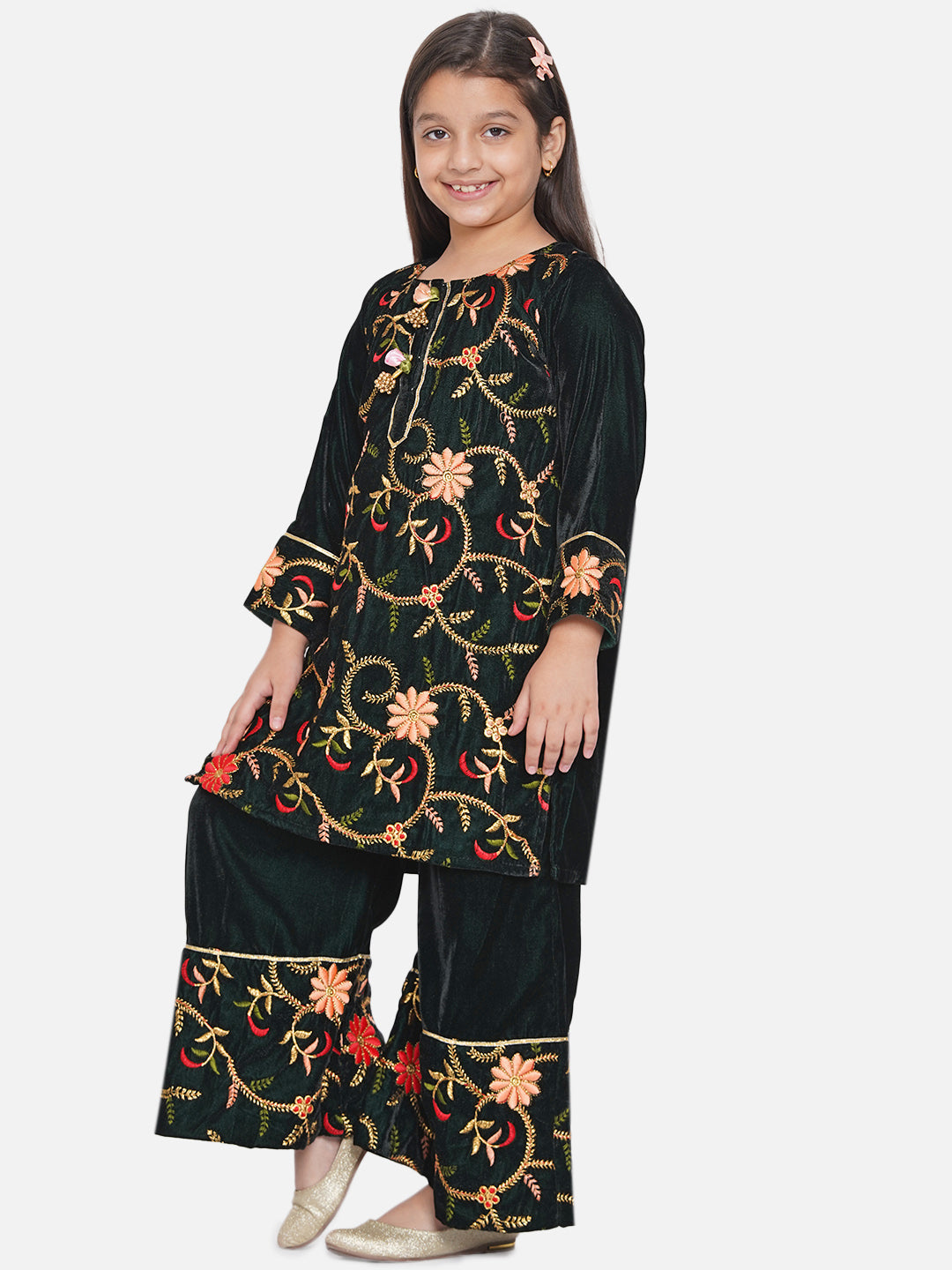 Girls Floral Embrodiery Velvet Kurta Plazzo in Mehendi Green | SHOBITAM