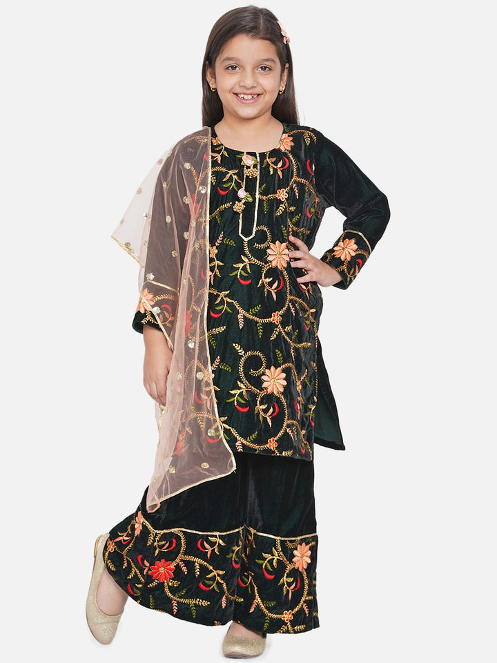 Girls Floral Embrodiery Velvet Kurta Plazzo in Mehendi Green | SHOBITAM