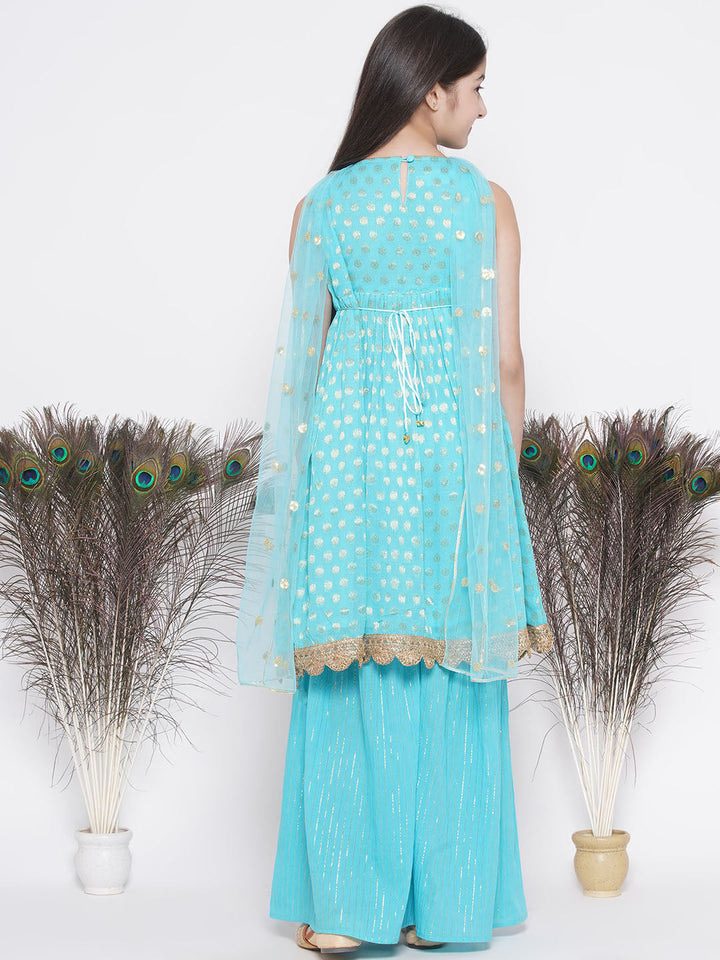 Banarsi Floral Frock Style Kurta with Golden Striped Sharara & Dupatta- Blue | SHOBITAM