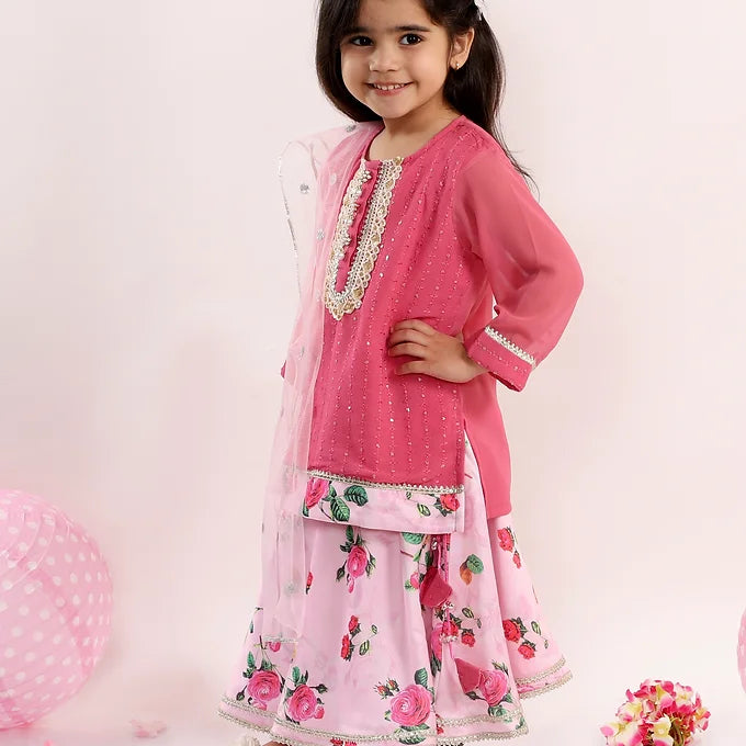 Girls Embroidery Kurta with Floral Pearl Button and Lehenga in Pink | SHOBITAM